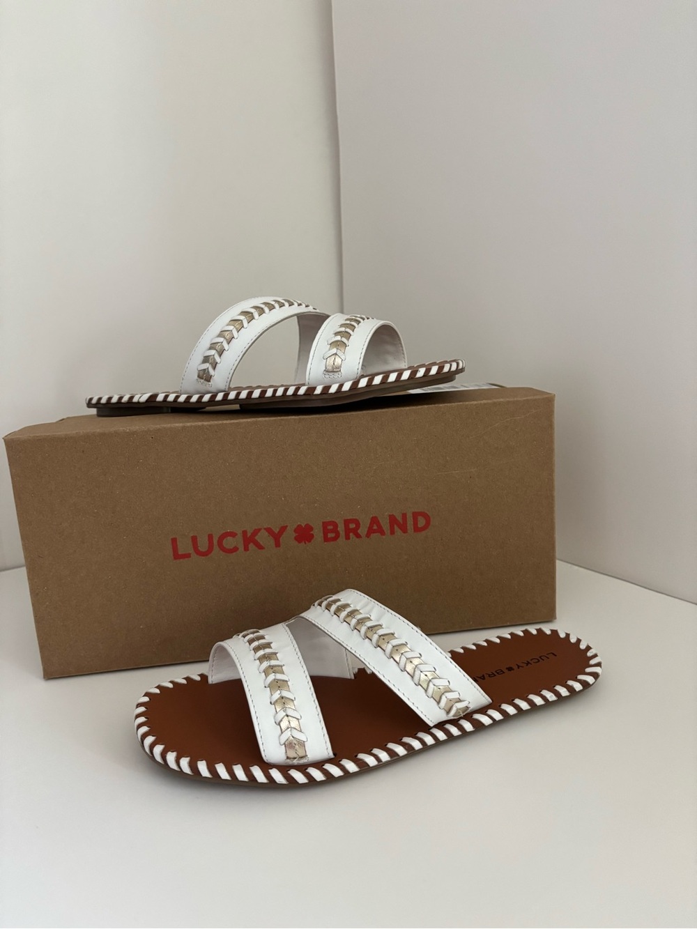 Lucky Brand White Double-Strap Braided Slide Sandals